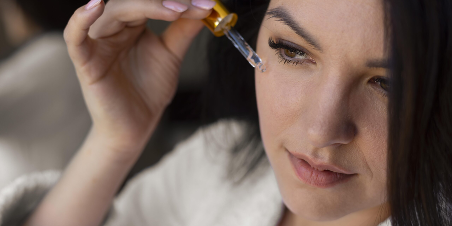 A beautiful woman applying vitamen C serum on her face.