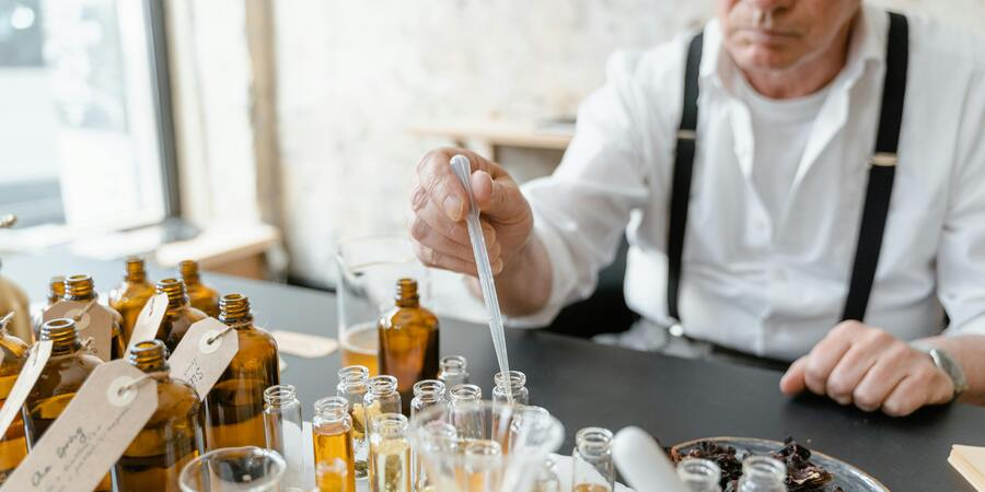 A man experimenting with different oils .Oils best for glowing skin