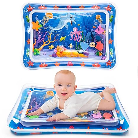 The baby is laying on the water mat .Best sensory toy for the babies of 3 to 12 months..