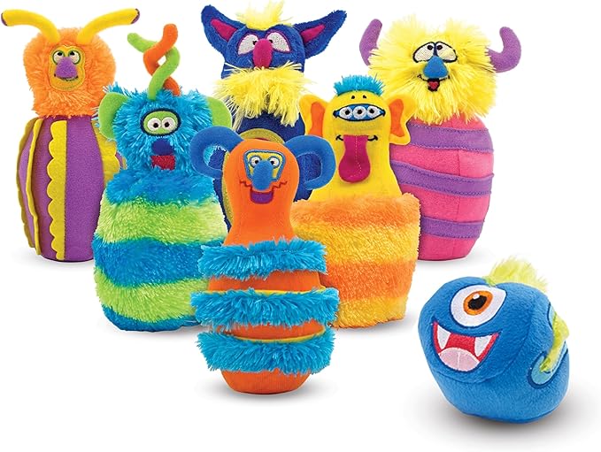A colourful fuzzy bowling set perfect sensory toy for babies and todddlers to keep them engage with textures and colours.