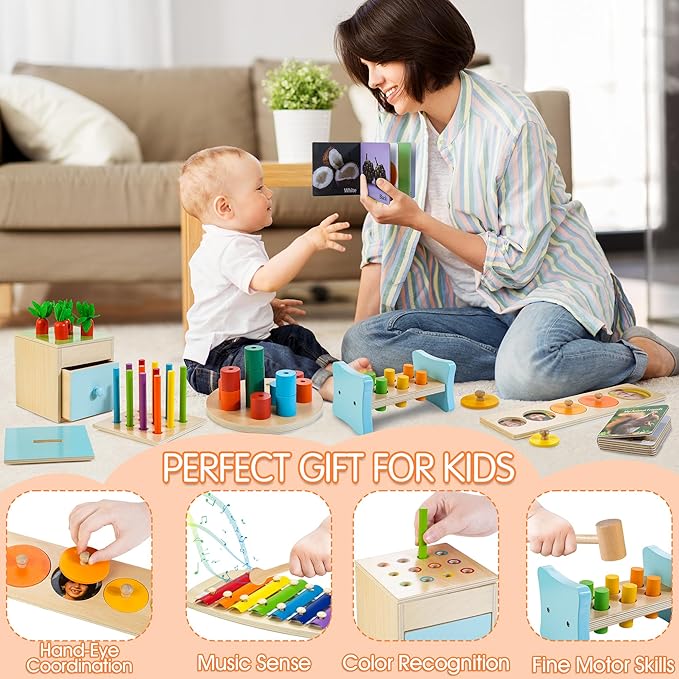 The woman is showing Montessori play kit to his child .One of the sensory toys for babies and toddlers is the play Kits deliver expert-designed, stage-based kits packed with Montessori-inspired toys perfect for 0-4 years.